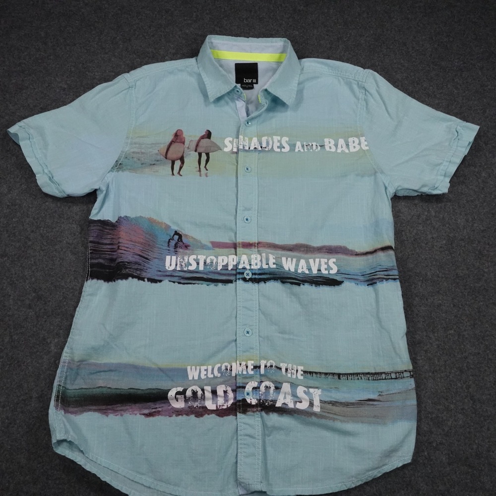 Bar III Mens Small Blue Surf Graphic Gold Coast Cotton Short Sleeve Button Down